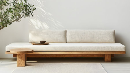A stylish minimalist sofa designed with neutral tones and natural materials, perfect for enhancing contemporary living spaces while creating a cozy, inviting atmosphere.の素材