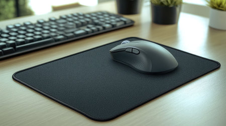 A close-up view of a modern workspace featuring a black mouse on a textured mouse pad, paired with a keyboard and decorative potted plants, illuminated by natural light.の素材