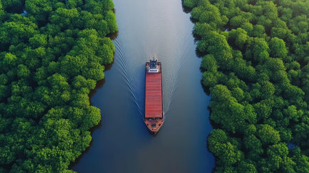 A cargo ship sails through calm waters, flanked by vibrant green mangrove forests, showcasing a blend of nature and transport in a peaceful setting.の素材