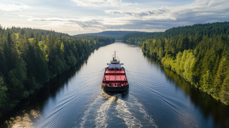 A brilliant aerial shot showcasing a cargo ship moving gracefully through a calm river, flanked by vibrant green forests and under a dynamic sky. Perfect for nature and transportation themes.の素材