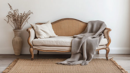 This image captures a cozy living room featuring an elegant vintage sofa adorned with soft textiles and a decorative vase, creating a warm and inviting atmosphere.の素材