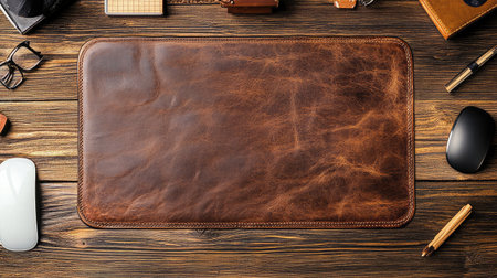 A sophisticated brown leather desk mat lays on a rustic wooden table, surrounded by various office accessories, creating a stylish and organized workspace ideal for productivity.の素材