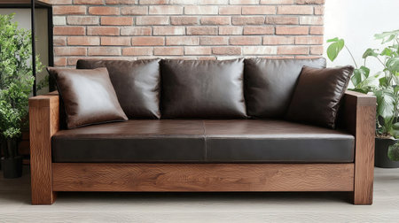 This modern brown leather sofa features a sturdy wooden frame, perfect for creating a cozy atmosphere in your living space, complemented by indoor plants and a brick wall.の素材
