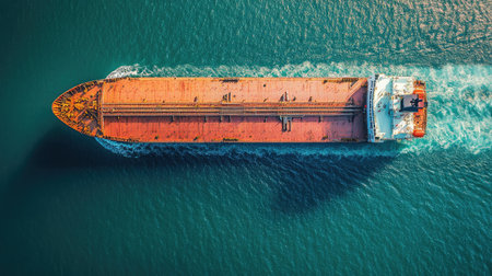 Stunning aerial perspective of a cargo ship sailing through vibrant turquoise waters, showcasing the beauty of maritime transport and the logistics industry under clear skies.の素材
