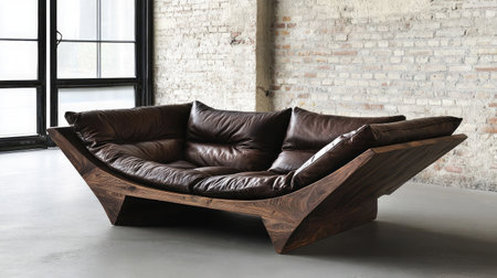 A beautifully designed modern sofa featuring deep brown leather cushions and a unique wooden structure, perfect for enhancing contemporary living spaces with elegance.の素材