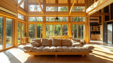 Bright and inviting living room in a contemporary wooden house, featuring a cozy sofa and expansive windows that showcase stunning forest views. Perfect for relaxation and inspiration.の素材