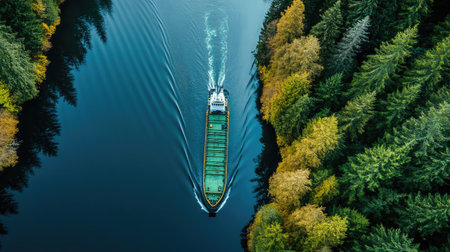 A cargo ship glides through a tranquil river, embraced by vibrant autumn foliage and lush green trees, showcasing the harmony between nature and industry.の素材