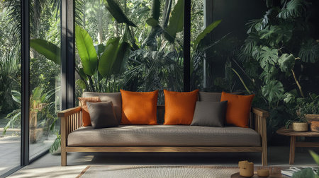 A beautiful modern sofa adorned with orange cushions stands against a backdrop of lush green plants, creating a tranquil and inviting indoor space that inspires stylish decor.の素材