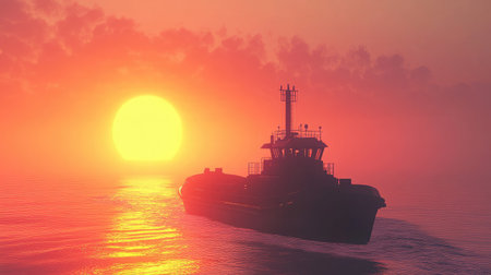 A striking scene of a tugboat gliding through smooth waters at sunset, showcasing a stunning display of colors in the sky. This peaceful moment captures the essence of tranquility.の素材