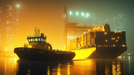 A stunning nighttime scene of a tugboat guiding a large cargo ship through a foggy harbor, with vibrant lights illuminating the water and city skyline in the background.の素材