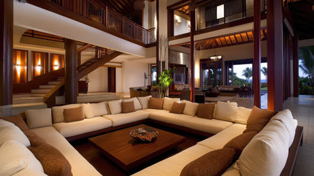 Experience an elegant open concept living space featuring a cozy seating area with plush cushions, bright natural light, and stunning architectural details that evoke luxury and comfort.の素材