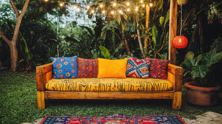 A vibrant outdoor living area featuring a colorful couch with decorative pillows, surrounded by lush greenery and illuminated by warm string lights, perfect for relaxation.の素材