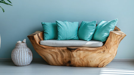 This unique wooden sofa, adorned with vibrant turquoise cushions, adds a fresh touch to any living room with its artistic design and natural charm.の素材