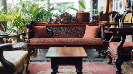 This image showcases a beautifully crafted vintage wooden sofa set in a stylish interior, surrounded by lush greenery, highlighting classic furniture design elements and cozy ambiance.の素材