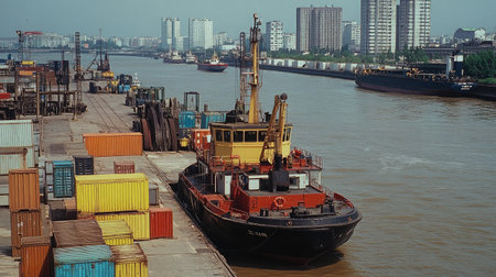 A vibrant tugboat assists with shipping operations at a bustling port, surrounded by colorful cargo containers and a backdrop of urban high-rise buildings along the river.の素材
