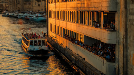 A scenic view captures a boat navigating calmly through warm waters at sunset, with a lively urban background filled with vibrant onlookers enjoying the picturesque evening.の素材