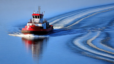 A striking tugboat moves through tranquil waters, leaving behind distinctive ripples. This image captures the essence of maritime life and scenic beauty.の素材