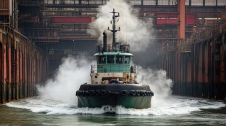 A tugboat maneuvers through an industrial dock, creating steam and ripples in the water, while surrounded by towering structures, capturing the essence of marine transportation.の素材