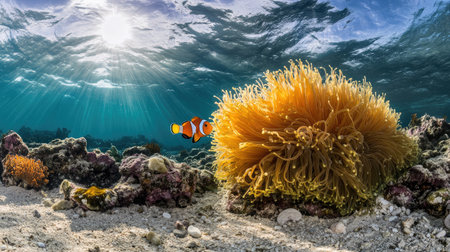 A captivating underwater view showcasing a colorful clownfish swimming near a vibrant anemone, illuminated by bright sunlight filtering through the ocean surface.の素材