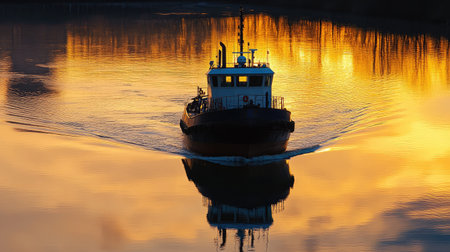A tranquil tugboat gracefully navigates a serene river at sunset, creating stunning reflections on calm waters and highlighting the beauty of nature's golden hues.の素材