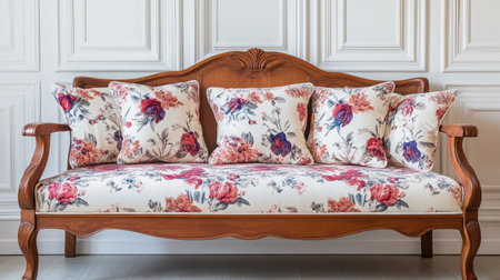 A beautifully crafted vintage sofa adorned with floral cushions creates an inviting atmosphere in a stylish interior setting, showcasing elegance and comfort for any home.の素材