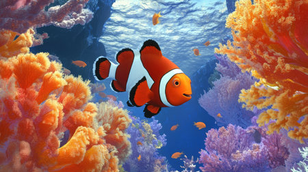 A vibrant scene of a clownfish navigating through brilliant coral reefs, showcasing the harmony of marine life in a mesmerizing underwater world filled with colors.の素材