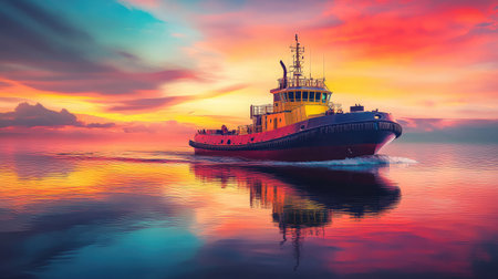 A striking image of a tugboat gracefully gliding through calm waters during sunset, reflecting the colorful sky and creating an enchanting seascape atmosphere.の素材