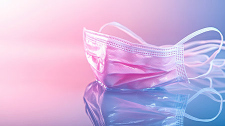 A soft pink surgical mask rests elegantly on a glossy surface, reflecting a gradient background that symbolizes cleanliness and health, perfect for modern wellness themes.の素材