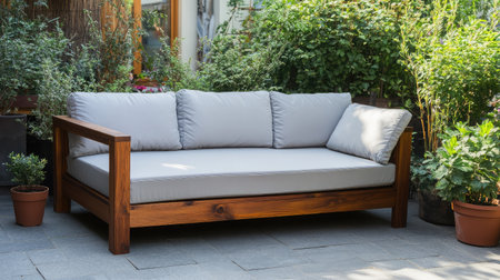 Experience outdoor comfort with this stylish wooden sofa, adorned with plush cushions, set amidst a thriving garden, perfect for any relaxation space.の素材