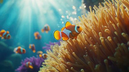 Discover the beauty of underwater life as a clownfish elegantly swims amongst vibrant anemones, illuminated by soft sunlight in a stunning coral reef setting.の素材