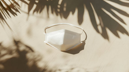 A minimalist white face mask rests on a soft surface, beautifully surrounded by leaf shadows, evoking themes of health awareness, safety, and style in contemporary life.の素材
