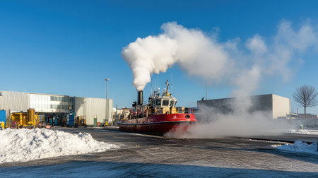 A vibrant tugboat emits steam as it operates in a snowy harbor, showcasing winter activities in the maritime industry against a stunning blue sky backdrop.の素材