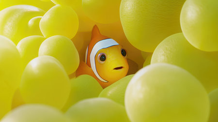 A whimsical clownfish emerges from a cluster of bright yellow sea anemones, capturing the beauty of underwater life with vibrant colors and a serene atmosphere.の素材