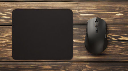A sleek black computer mouse resting on a mouse pad, placed on a rustic wooden desk. Ideal for enhancing workspace productivity or creating a minimalist gaming setup with modern aesthetics.の素材