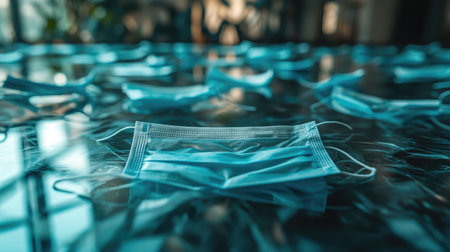 A collection of blue surgical masks lies on a reflective surface, representing health awareness during a pandemic. The image captures themes of safety and hygiene in modern society.の素材