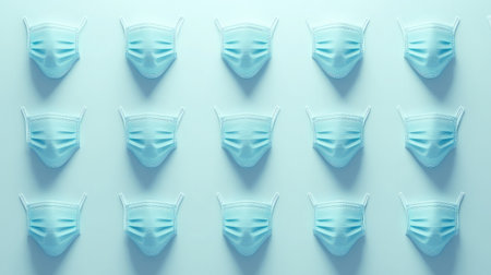 A visually striking composition featuring multiple light blue surgical masks arranged neatly, symbolizing health, safety, and hygiene measures in contemporary settings.の素材