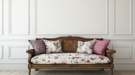 A beautiful vintage sofa featuring a floral pattern and elegant pillows creates a cozy atmosphere in a well-decorated interior space, ideal for relaxation and style.の素材