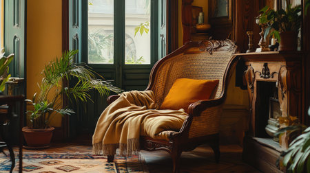 Experience the charm of a cozy vintage living room featuring a beautiful cane chair with a warm throw. The space is filled with natural light and green plants, creating a serene atmosphere.の素材