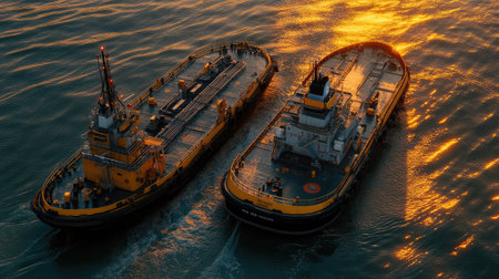 Two tugboats gracefully navigate the serene waters during sunset, creating stunning reflections of orange and gold while showcasing maritime industry and teamwork.の素材