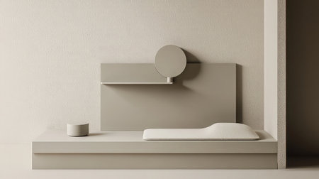 Discover a serene minimalist bedroom interior showcasing sleek design elements including a bed frame, wall decor, and soft textures that enhance contemporary aesthetics.の素材