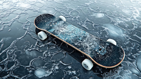 A skateboarding scene featuring a skateboard lying on an icy surface, highlighting the contrast between the rugged board and the cold, textured ice. Perfect for winter-related themes.の素材
