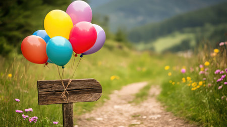 A vibrant image featuring colorful balloons attached to a rustic wooden sign along a picturesque pathway, surrounded by blooming flowers and lush greenery, evoking joy and celebration.の素材