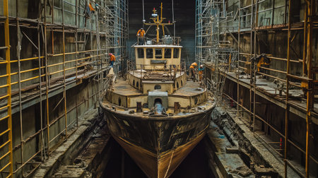 A tugboat sits majestically in a dry dock, surrounded by scaffolding as workers diligently perform maintenance and repair tasks, showcasing a vital aspect of maritime industry operations.の素材