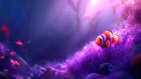 A captivating underwater scene showcasing a clownfish amidst vivid coral formations, illuminated by soft light filtering through the ocean surface, perfect for nature lovers.の素材