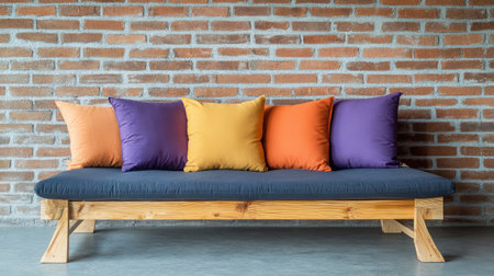 A cozy couch adorned with vibrant cushions against a rustic brick wall, showcasing modern design trends perfect for enhancing interior decor and inviting comfort.の素材
