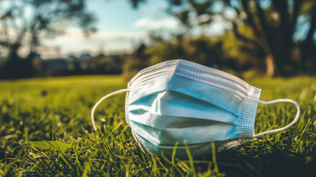 A single medical face mask lies discarded on lush green grass, capturing the impact of health measures on the environment in a serene outdoor setting.の素材