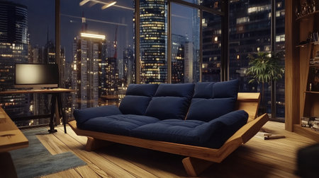 A stylish modern living room featuring a cozy blue sofa overlooking a vibrant city skyline at night, showcasing elegant design and inviting ambiance perfect for relaxation.の素材
