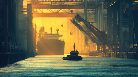 A tranquil port scene showcases a tugboat navigating the serene waters, with a large cargo ship silhouetted against the vibrant golden sunrise, embodying maritime activity.の素材