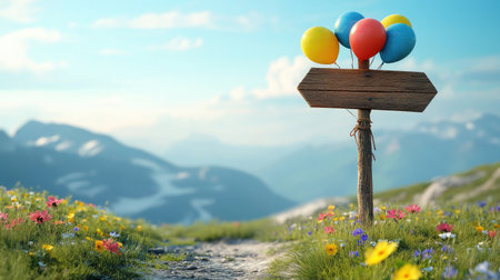 A delightful scene featuring colorful balloons attached to a wooden signpost, set against a stunning mountain backdrop filled with wildflowers and under a clear blue sky.の素材