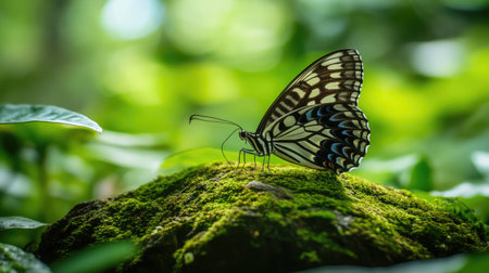 A stunning close-up of a butterfly resting on a mossy rock in a vibrant forest setting. This image highlights the intricate details of its wings and the beauty of nature.の素材